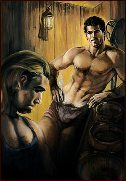 Beau original oil painting depicting a man and a male seminude