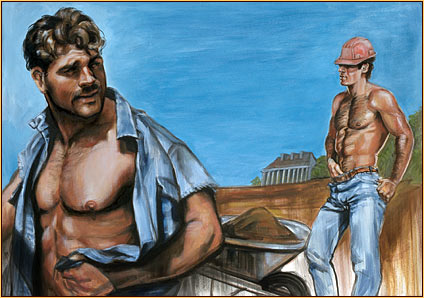 Beau original oil painting depicting two male seminudes