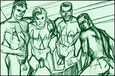 Beau original pencil drawing depicting a group of fraternity brothers