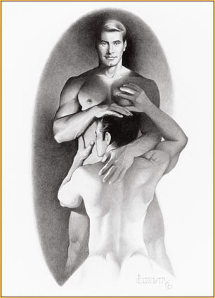 Jim French original graphite on paper drawing depicting two male nudes
