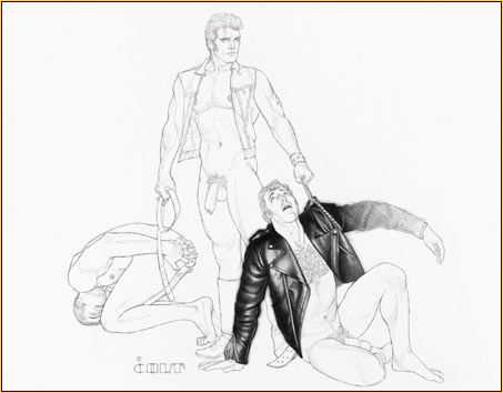 Jim French original graphite on paper drawing depicting two male seminudes and one male nude