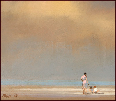 Robert Bliss original oil painting depicting a family on the beach