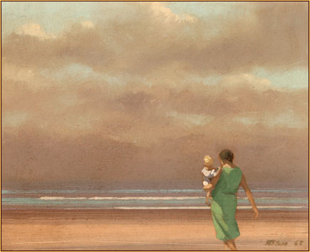 Robert Bliss original oil painting depicting a female figure and a child on the beach