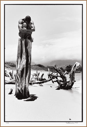 Tom Bianchi original gelatin silver print depicting a male nude sitting on a tree stump (Signature)