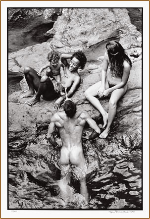Tom Bianchi original gelatin silver print depicting two female nudes and one male nude (Signature)