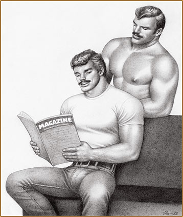 Tom of Finland original graphite on paper drawing depicting two male figures reading