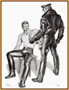 Tom of Finland original limited edition lithograph depicting a male figure in leather gear and a male seminude with a tattoo