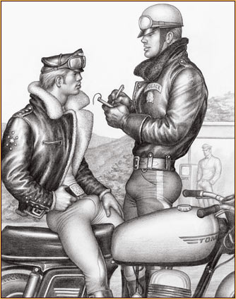 Tom of Finland original graphite on paper drawing depicting a police officer and a biker