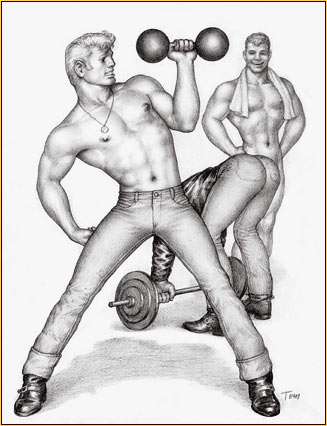 Tom of Finland original graphite on paper drawing depicting three bodybuilders