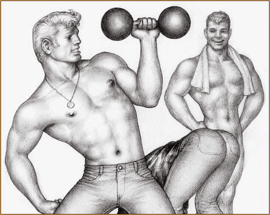Tom of Finland original graphite on paper drawing depicting three bodybuilders (Detail)