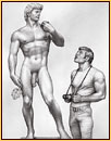 Tom of Finland original graphite on paper drawing depicting Michelangelo's David and a male tourist
