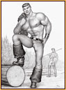 Tom of Finland original graphite on paper drawing depicting a lumberjack and a male nude