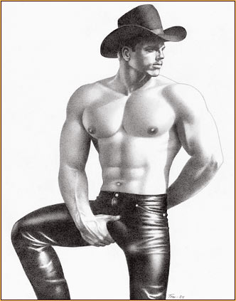 Tom of Finland original graphite on paper drawing depicting a seminude cowboy