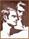 Tom of Finland original color linoleum block impression depicting the portrait of two male figures