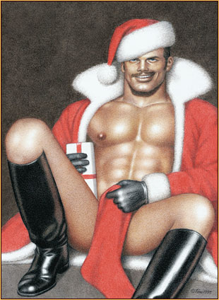 Tom of Finland original colored pencil on paper drawing depicting a seminude Santa Claus