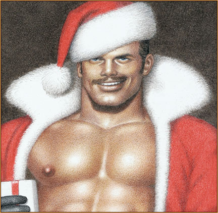 Tom of Finland original colored pencil on paper drawing depicting a seminude Santa Claus (Detail)