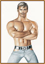 Tom of Finland original colored pencil on paper drawing depicting a male seminude in blue jeans