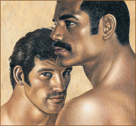 Tom of Finland original colored pencil on paper drawing depicting the portrait of two male figures