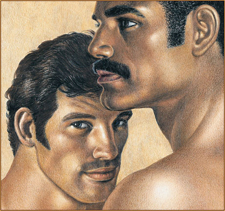 Tom of Finland original colored pencil on paper drawing depicting the portrait of two male figures (Detail)