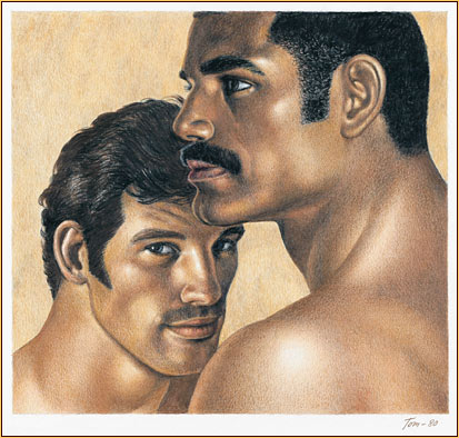Tom of Finland original colored pencil on paper drawing depicting the portrait of two male figures (Signature)