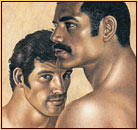 Tom of Finland original colored pencil on paper drawing depicting the portrait of two male figures