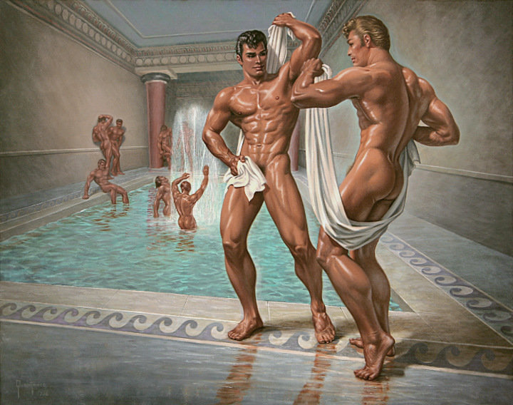 George Quaintance original painting "Spartan Soldiers Bathing" depicting two male nudes toweling off in front of a pool with other male nudes in an ancient Greek bathhouse.