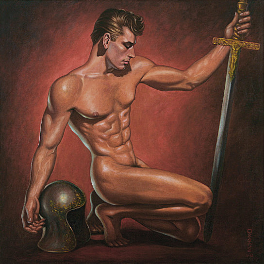 George Quaintance original painting "The Crusader" depicting a male nude kneeling and holding an ancient sword.