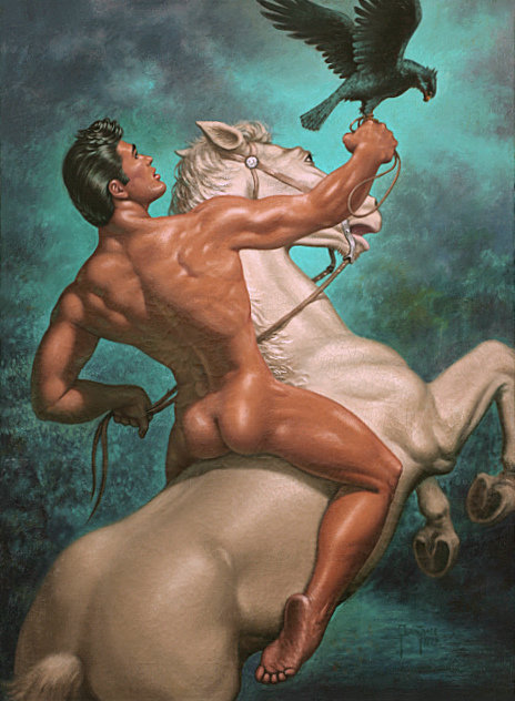 George Quaintance original painting "The Falconer" depicting a male nude holding a falcon while riding a white horse.