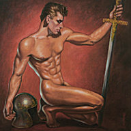 George Quaintance painting "The Crusader" depicting a male nude kneeling and holding an ancient sword.