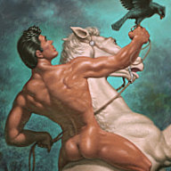 George Quaintance painting "The Falconer" depicting a male nude holding a falcon while riding a white horse.