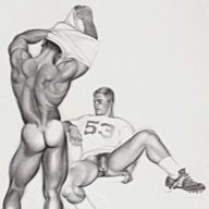Jim French drawing "After Practice" depicting two young men undressing and relaxing after a football game.