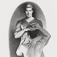 Jim French drawing "Embrace" depicting two male nudes caressing each other.