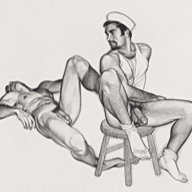 Jim French drawing "Sailors" depicting a partially undressed young man sitting on a wooden stool and looking at a sleeping male nude behind him.