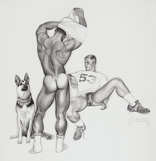 An original graphite drawing by Jim French depicting two young men undressing and relaxing after a football game.