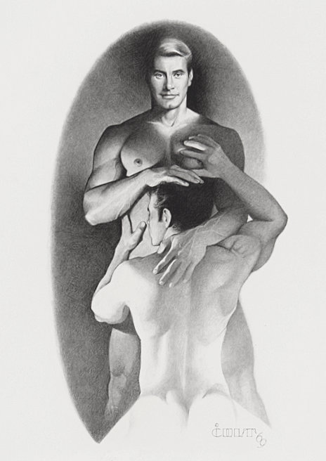 An original graphite drawing by Jim French depicting two male nudes caressing each other.
