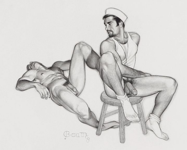An original graphite drawing by Jim French depicting a partially undressed young man sitting on a wooden stool and looking at a sleeping male nude behind him.