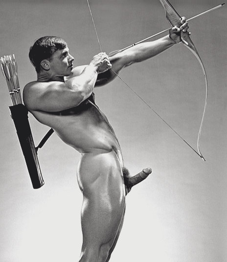 An original gelatin silver print by Jim French depicting the model John Pruitt, a muscular white male with blonde hair, posing nude as an archer.