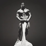 Jim French photograph "Jake Tanner, Ball" depicting the model Jake Tanner, a muscular white male with brown hair, posing nude in contrapposto on a white sphere.