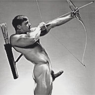 Jim French photograph "John Pruitt, Bow and Arrow" depicting the model John Pruitt, a muscular white male with blonde hair, posing nude as an archer.