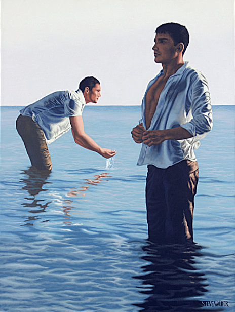 Steve Walker original painting "Blue Waters, White Shirt" depicting two young men in chinos and white shirts standing in the ocean.