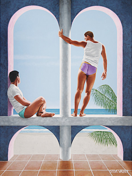 Steve Walker original painting "California Dreaming" depicting two young men in swimwear sitting and standing inside the arch openings of an adobe-style house by the ocean.