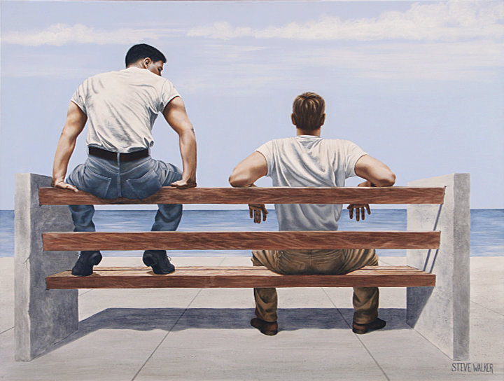 Steve Walker original painting "On a Clear Day" depicting two young men sitting on a boardwalk bench facing the ocean.