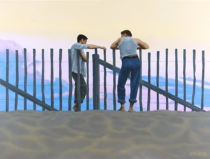 Steve Walker original painting "The Boy Next Door" depicting two young men conversing by a beach fence at sunset.