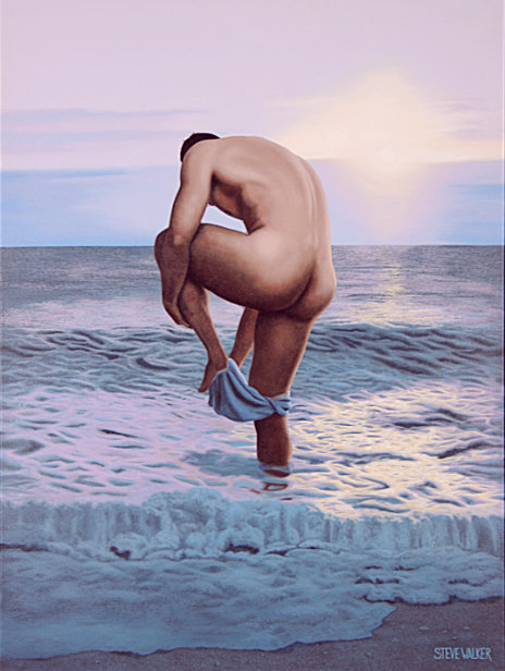 Steve Walker original painting "The Purple Sea" depicting a male nude standing in the ocean and facing the sunset.