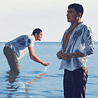 Steve Walker painting "Blue Waters, White Shirt" depicting two young men wearing chinos and white shirts standing in the ocean.