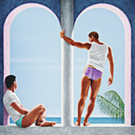 Steve Walker painting "California Dreaming" depicting two young men in swimwear sitting and standing inside the arch openings of an adobe-style house by the ocean.