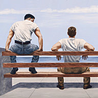 Steve Walker painting "On a Clear Day" depicting two young men sitting on a boardwalk bench facing the ocean.