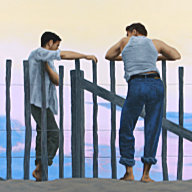 Steve Walker painting "The Boy Next Door" depicting two young men conversing by a beach fence at sunset.