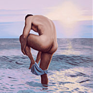 Steve Walker painting "The Purple Sea" depicting a male nude standing in the ocean and facing the sunset.