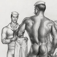 Tom of Finland drawing depicting three sailors dressing their master.